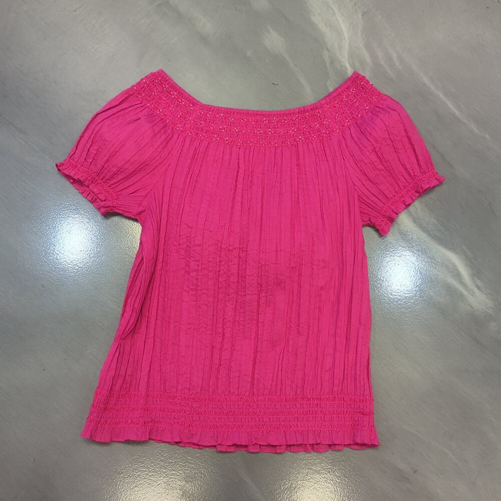 Kate Hill Pink Size L Poly-Cotton Pleated Smocked Boho Cottagecore Peasant Top